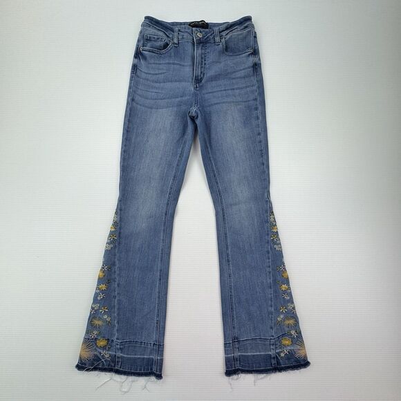 Ashley Mason Premium Jeans Sz 5/27 Flare Daisy Embroidered Raw Hem Y2K Boho - Picture 2 of 13
